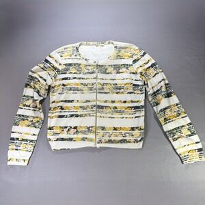 Moth By Anthropologie Striped Floral Cardigan Womens Large Yellow White Zip Up